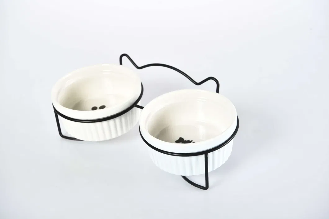 Cute Double Pet Water Food Bowl Iron Elevated Ceramic Pet Cat Dog Feeding Bowl