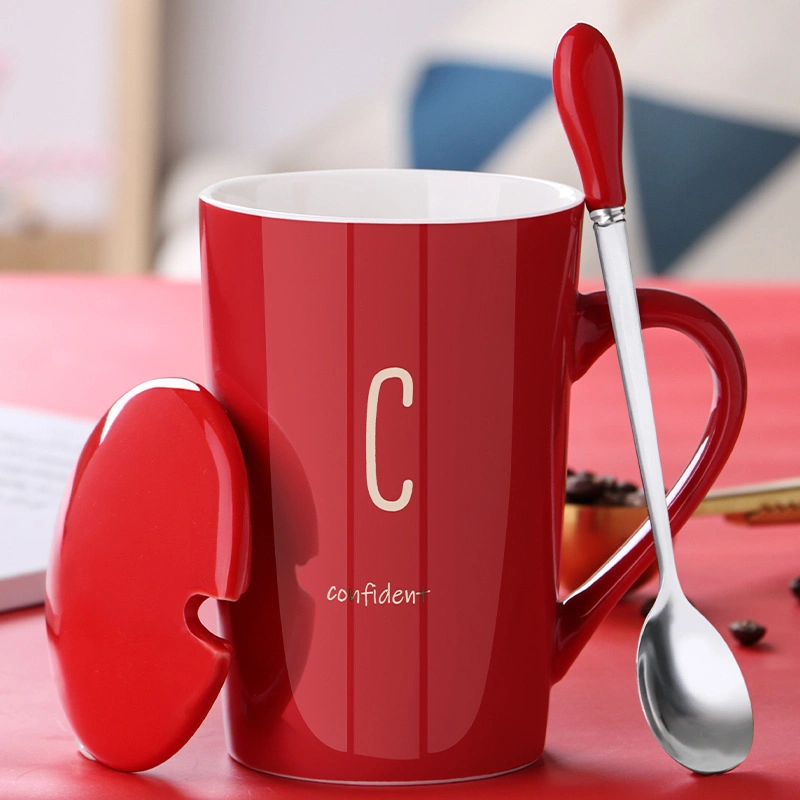 Hot Selling Alphabet Ceramic Mug Set with Lid Spoon Drinking Cup Couples Household Tea Cup