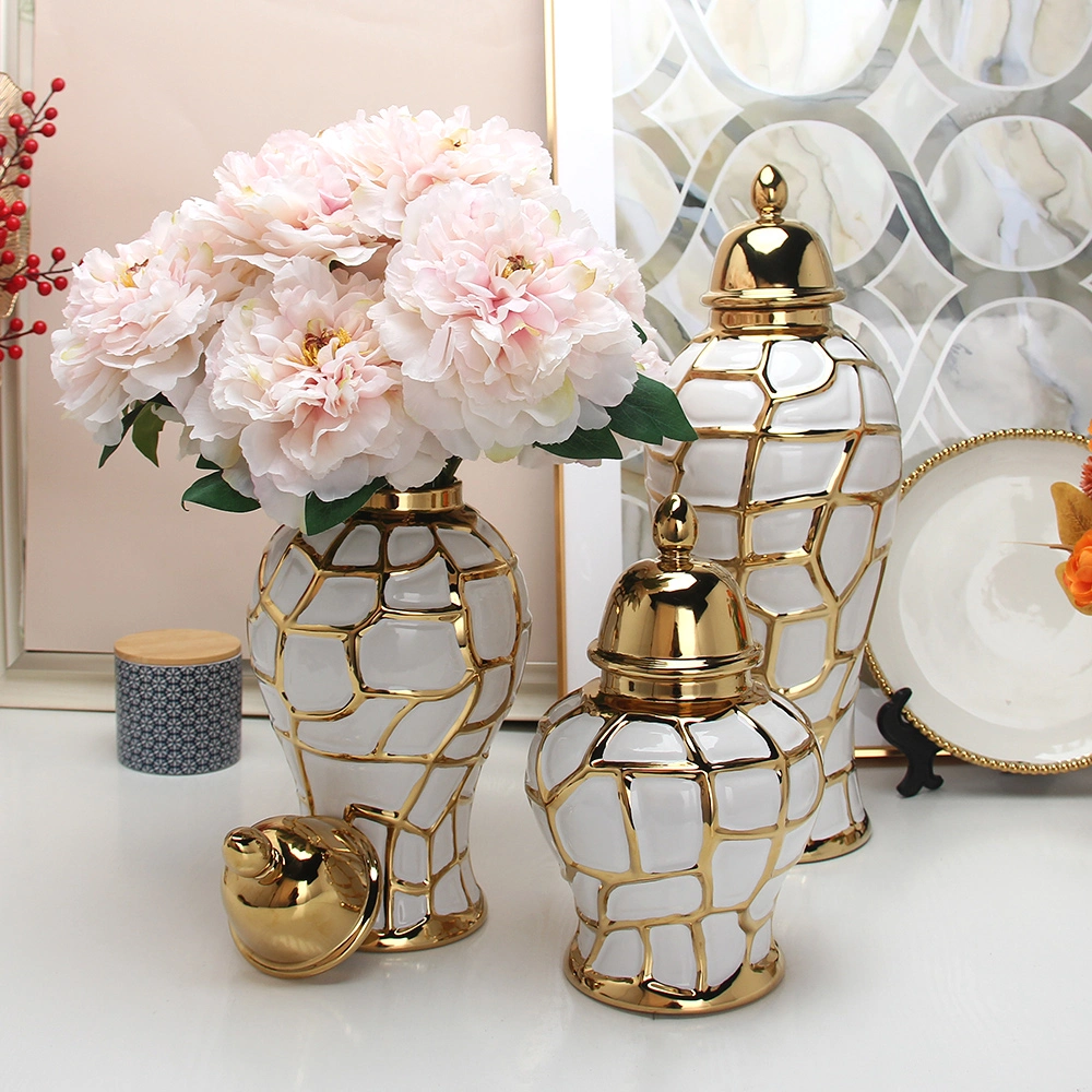 J198 Hot Sale New Design Floor Ceramic Flower Vase Gold and White Ginger Jar with Lid