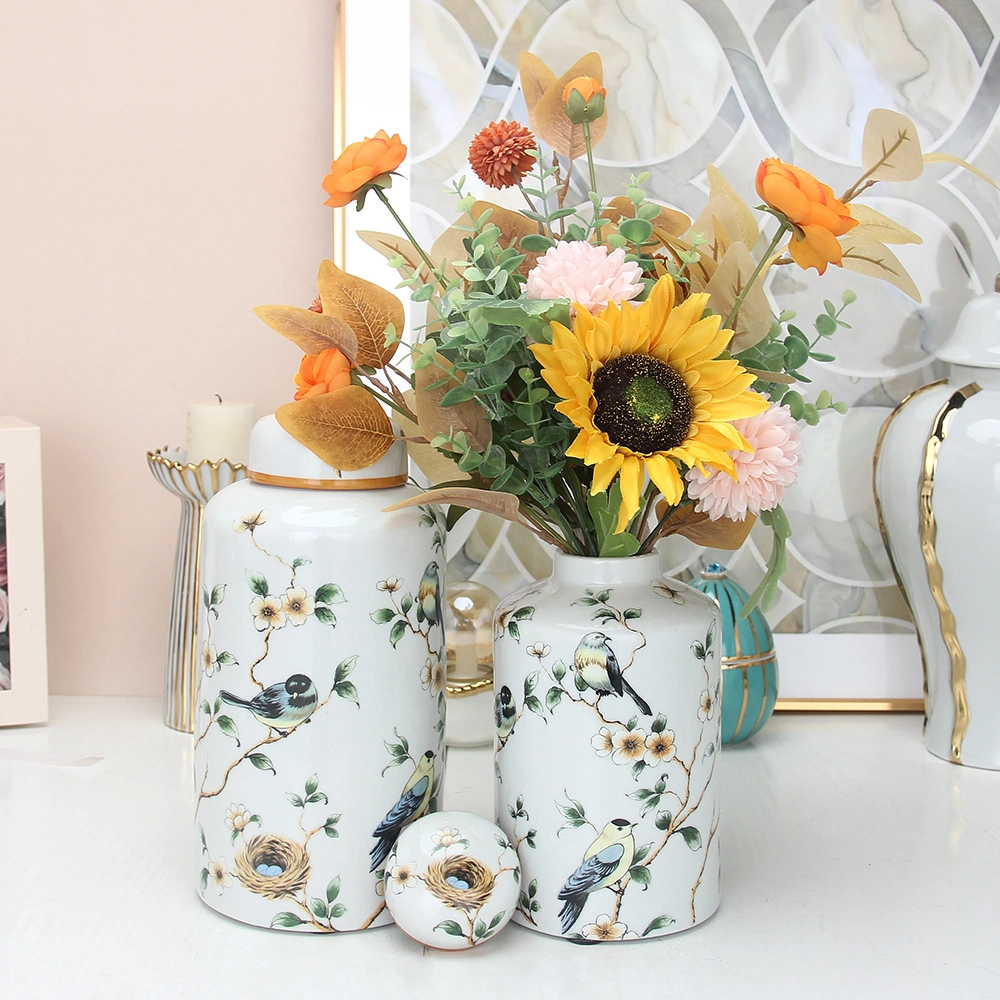 J041 Wholesale White Flower Bird Pattern Porcelain Tea Coffee Pot Sets Farmhouse Decoration Ceramic Storage Container