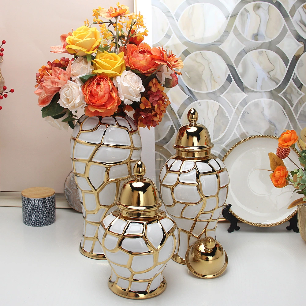 J198 Hot Sale New Design Floor Ceramic Flower Vase Gold and White Ginger Jar with Lid